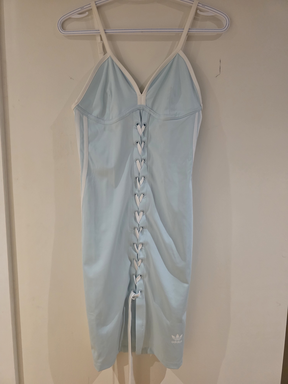 adidas Pale Blue Lace-Up Midi Dress with White Trim